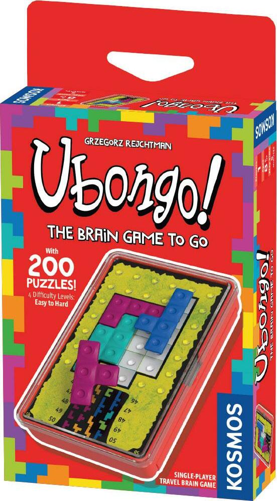 Ubongo: The Brain Game to Go by Thames & Kosmos, featuring a vibrant packaging design with colorful elements. The game includes 200 puzzles across 4 difficulty levels, from easy to hard, and is ideal for single-player travel brain challenges. The box highlights a mechanical puzzle with interlocking pieces, showcasing the engaging and brain-teasing gameplay.