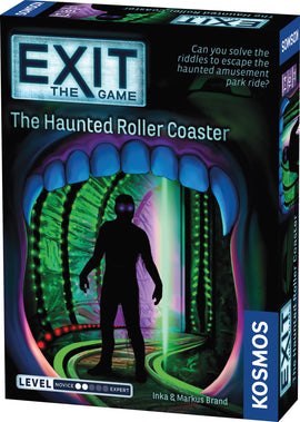 The packaging of the game 'Exit: The Haunted Rollercoaster' by Thames & Kosmos. The design features a mysterious, dark silhouette of a person against a vibrant, neon backdrop of a haunted amusement park ride, emphasizing the game's challenging escape room theme.