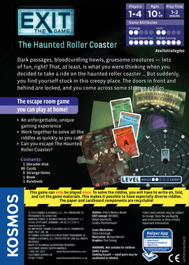 Exit: The Haunted Rollercoaster game by Thames & Kosmos. An immersive escape room experience for 1-4 players. Contains a decoder disk, 88 cards, 8 strange items, 1 book, and a rulebook. Engage in thrilling riddles while navigating a spooky rollercoaster theme. Recommended for ages 10 and up.