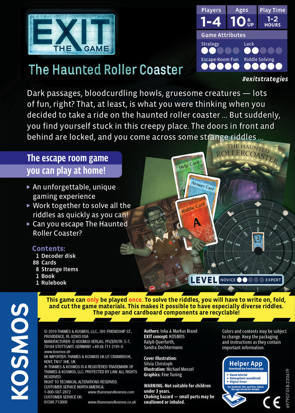 Exit: The Haunted Rollercoaster game by Thames & Kosmos. An immersive escape room experience for 1-4 players. Contains a decoder disk, 88 cards, 8 strange items, 1 book, and a rulebook. Engage in thrilling riddles while navigating a spooky rollercoaster theme. Recommended for ages 10 and up.
