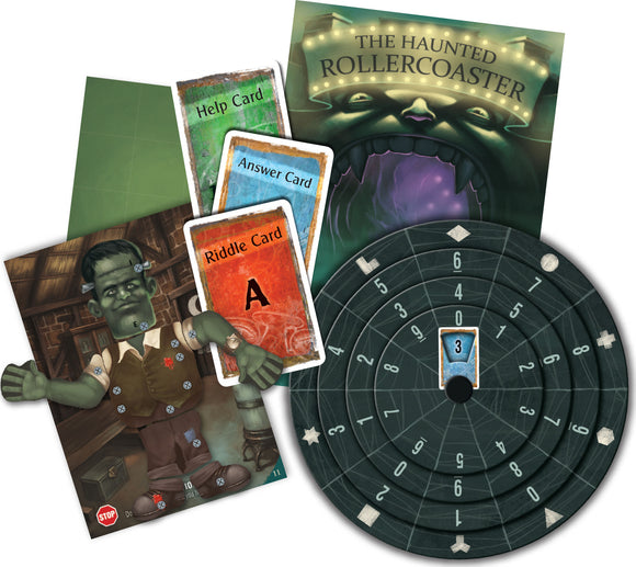 Exit: The Haunted Rollercoaster game by Thames & Kosmos featuring various game cards, including Help and Answer cards, a spooky board with numbers, and a character card of a green figure resembling a monster, hinting at a thrilling and fun puzzle-solving experience.