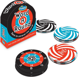 Word A Round game by Thinkfun displayed in a colorful box. The game features a stack of circular cards with words arranged in a spiral pattern. The packaging emphasizes fast-paced play for ages 10 and up.