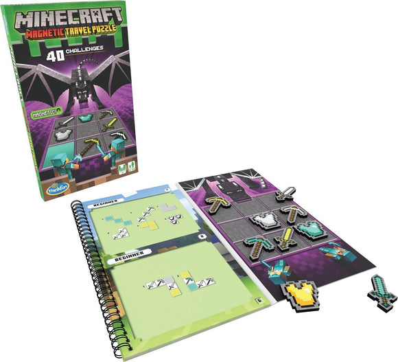 Minecraft Magnetic Travel Puzzle by Think Fun featuring a colorful box with 40 challenge cards, an open spiral-bound booklet showcasing beginner puzzle challenges, and magnetic game pieces including swords and armor. Perfect for on-the-go fun and brain activation.