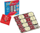 The Fifteen Puzzle by Thinkfun features a mechanical sliding puzzle with numbered tiles in a stainless steel frame. Accompanying it is a red leather travel case for easy storage and an instruction booklet with over 30 challenges, designed for players aged 8 and up.
