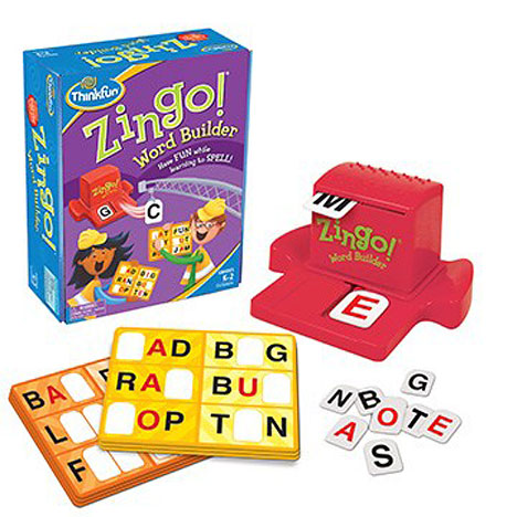 Zingo Word Building game by Thinkfun featuring a red game dispenser, colorful letter tiles, and two double-sided game cards. Engage in fun spelling activities with this educational word game suitable for kids.