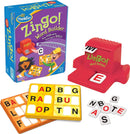 Zingo Word Builder by Thinkfun features a fun, vibrant box with engaging graphics. The game includes a red letter dispenser, colorful letter cards, and tiles that encourage spelling skills for children in grades K-2.