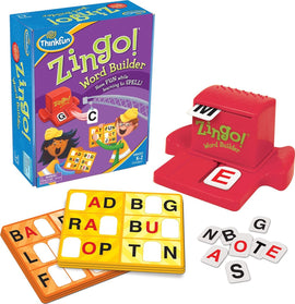 Zingo Word Builder by Thinkfun features a fun, vibrant box with engaging graphics. The game includes a red letter dispenser, colorful letter cards, and tiles that encourage spelling skills for children in grades K-2.