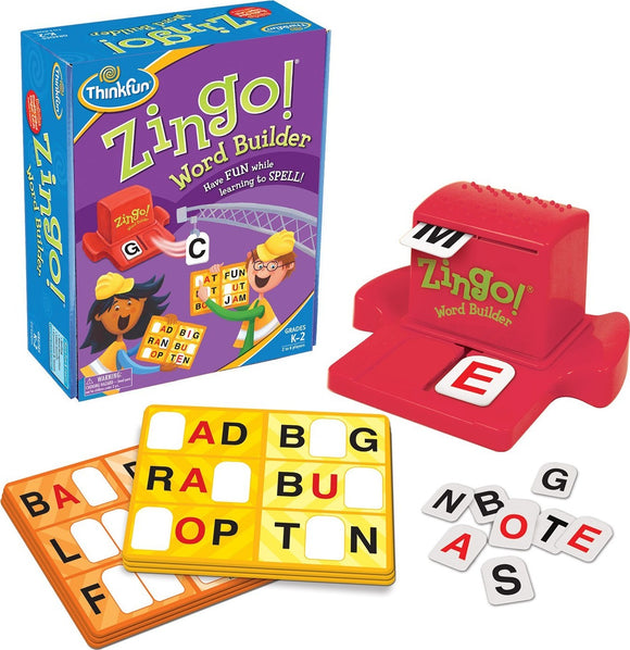 Zingo Word Builder by Thinkfun features a fun, vibrant box with engaging graphics. The game includes a red letter dispenser, colorful letter cards, and tiles that encourage spelling skills for children in grades K-2.