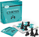 Brain Fitness Solitaire Chess game by Thinkfun, featuring a box with 80 challenging puzzles, a game board, and black chess pieces. Designed for single player aged 12 and up, the kit includes a spiral-bound booklet with instructions and progressive levels of play.