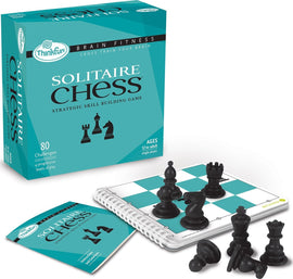 Brain Fitness Solitaire Chess game by Thinkfun, featuring a box with 80 challenging puzzles, a game board, and black chess pieces. Designed for single player aged 12 and up, the kit includes a spiral-bound booklet with instructions and progressive levels of play.