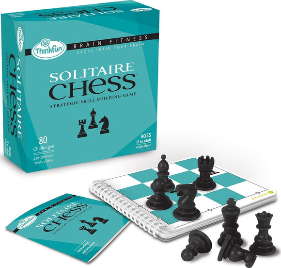 Brain Fitness Solitaire Chess game by Thinkfun, featuring a box with 80 challenging puzzles, a game board, and black chess pieces. Designed for single player aged 12 and up, the kit includes a spiral-bound booklet with instructions and progressive levels of play.