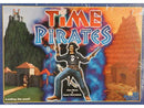 Time Pirates board game by Rio Grande Games, featuring a dynamic artwork with a pirate character holding weapons against a colorful background of castles and landscapes, showcasing the tagline 'Looting the past!' Perfect for adventurous board game enthusiasts seeking a fun and engaging experience.