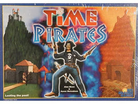 Time Pirates board game by Rio Grande Games, featuring a dynamic artwork with a pirate character holding weapons against a colorful background of castles and landscapes, showcasing the tagline 'Looting the past!' Perfect for adventurous board game enthusiasts seeking a fun and engaging experience.