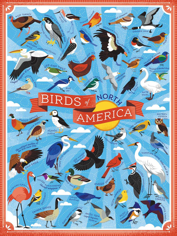Colorful jigsaw puzzle featuring various North American birds, including a bald eagle, blue jay, and flamingo, with labeled species names on a bright blue background.