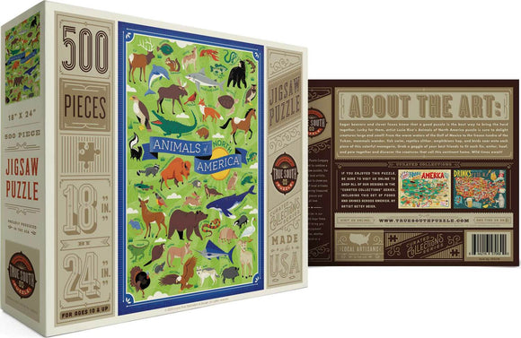 Animals of North America jigsaw puzzle by True South Puzzles, featuring colorful illustrations of various North American animals. The puzzle has 500 pieces and measures 18x24 inches. The box highlights the vibrant art style and showcases animals like bears, deer, and marine life in a playful layout, perfect for ages 10 and up.