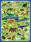 Colorful jigsaw puzzle featuring various North American animals, including a moose, grizzly bear, eagle, dolphin, and more. The illustration showcases a vibrant landscape with diverse wildlife, labeled with their names, set against a green background and bordered by a blue frame. The title 'Animals of America' is prominently displayed in the center.