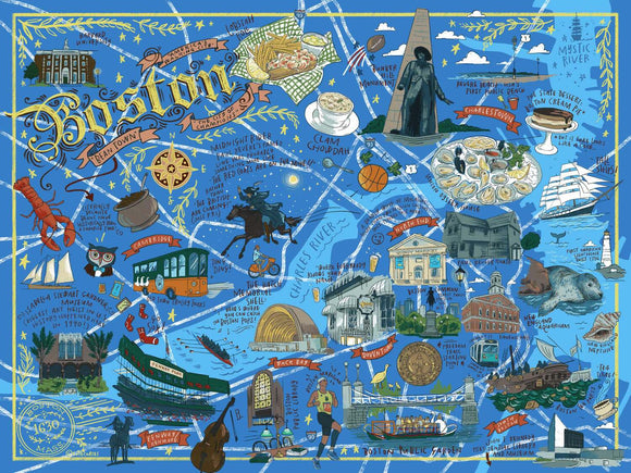Boston Illustrated jigsaw puzzle by True South Puzzles featuring an artistic map of Boston. The design includes iconic landmarks, local delicacies, and elements of Boston's culture, all illustrated in vibrant colors against a blue background. It showcases colleges, historical sites, and popular attractions like Fenway Park and Boston Common.