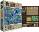Boston Illustrated Jigsaw Puzzle by True South Puzzles. A colorful illustration of Boston showcasing landmarks, sports, and culture. It features 500 pieces measuring 24 x 18 inches, designed for ages 10 and up. The box includes descriptions about the art and the history of Boston, inviting puzzle enthusiasts to explore the city's unique routes and attractions.