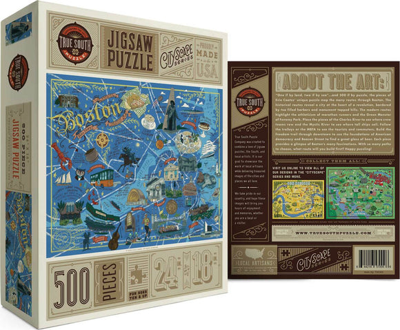 Boston Illustrated Jigsaw Puzzle by True South Puzzles. A colorful illustration of Boston showcasing landmarks, sports, and culture. It features 500 pieces measuring 24 x 18 inches, designed for ages 10 and up. The box includes descriptions about the art and the history of Boston, inviting puzzle enthusiasts to explore the city's unique routes and attractions.