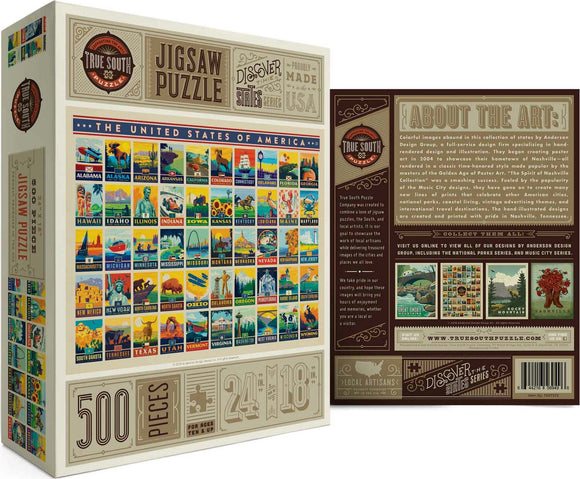 True South Puzzles American States jigsaw puzzle featuring colorful illustrations representing each U.S. state. The puzzle contains 500 pieces and measures 24 x 18 inches when completed. The box art showcases designs by Anderson Design Group, highlighting unique artistic representations of American states, ideal for puzzle enthusiasts and collectors.