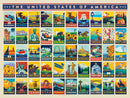 True South Puzzles jigsaw puzzle featuring a colorful collage of vintage-style illustrations representing each of the 50 American states, with iconic symbols and landmarks. The design includes elements like animals, state flowers, and famous sites, arranged in a grid format with the title 'The United States of America' at the top.