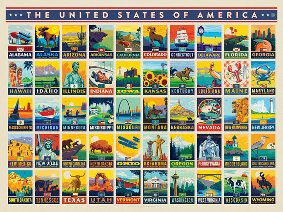 True South Puzzles jigsaw puzzle featuring a colorful collage of vintage-style illustrations representing each of the 50 American states, with iconic symbols and landmarks. The design includes elements like animals, state flowers, and famous sites, arranged in a grid format with the title 'The United States of America' at the top.