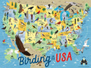 A colorful jigsaw puzzle depicting a detailed map of the USA, showcasing various bird species across the states. Each region features illustrations of different birds, alongside labeled areas and their corresponding bird species. The title 'Birding in the USA' is prominently displayed in artistic lettering, capturing the essence of birdwatching and nature exploration.