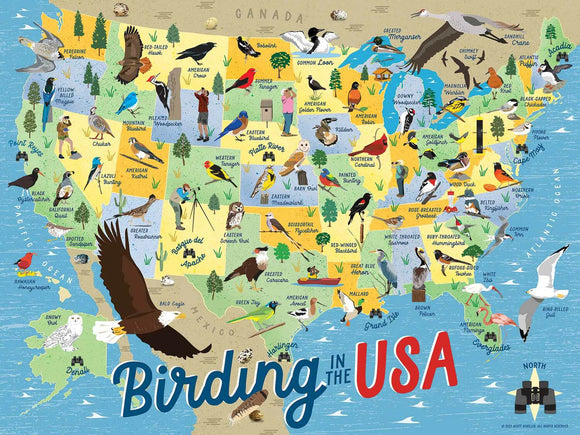 A colorful jigsaw puzzle depicting a detailed map of the USA, showcasing various bird species across the states. Each region features illustrations of different birds, alongside labeled areas and their corresponding bird species. The title 'Birding in the USA' is prominently displayed in artistic lettering, capturing the essence of birdwatching and nature exploration.