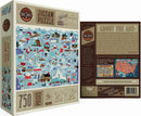 True South Puzzles 'Ski the USA' jigsaw puzzle featuring a colorful, illustrated map celebrating ski destinations across the United States. The puzzle contains 750 pieces and is designed for ages 10 and up. The box dimensions are 24 inches by 18 inches. Designed with vibrant imagery and playful details, it invites users to explore various ski locations while piecing together the adventure.