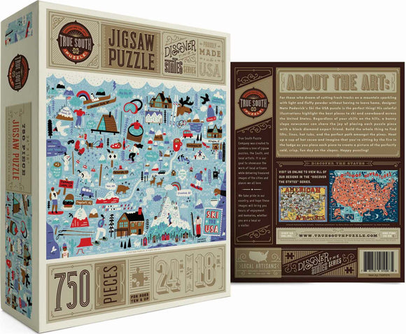 True South Puzzles 'Ski the USA' jigsaw puzzle featuring a colorful, illustrated map celebrating ski destinations across the United States. The puzzle contains 750 pieces and is designed for ages 10 and up. The box dimensions are 24 inches by 18 inches. Designed with vibrant imagery and playful details, it invites users to explore various ski locations while piecing together the adventure.