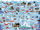 A colorful jigsaw puzzle depicting various ski destinations across the USA. The illustration features mountain landscapes, skiers, snowmen, and iconic activities such as snowboarding and sipping hot cocoa. Locations like Jackson Hole, Aspen, and Lake Tahoe are marked with playful graphics and bright colors, making it an engaging and fun puzzle for winter sports enthusiasts.