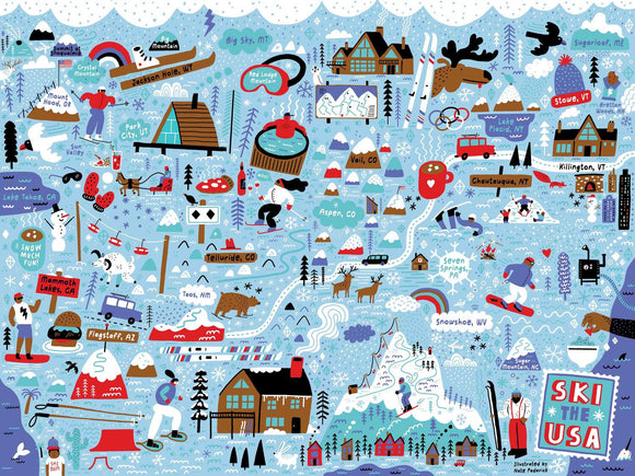 A colorful jigsaw puzzle depicting various ski destinations across the USA. The illustration features mountain landscapes, skiers, snowmen, and iconic activities such as snowboarding and sipping hot cocoa. Locations like Jackson Hole, Aspen, and Lake Tahoe are marked with playful graphics and bright colors, making it an engaging and fun puzzle for winter sports enthusiasts.