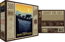 Great Smoky Mountains Bears jigsaw puzzle by True South Puzzles. This 500-piece puzzle features a scenic depiction of bears in the Great Smoky Mountains National Park at sunset, measuring 18 by 24 inches when completed. The box displays artistic illustrations and informative text about the park's wildlife and landscape.