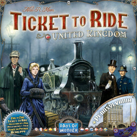 Ticket to Ride: United Kingdom & Pennsylvania Expansion board game box featuring an illustration of a Victorian-style scene with three characters, a steam locomotive, and London landmarks. Designed by Alan R. Moon and published by Days of Wonder.