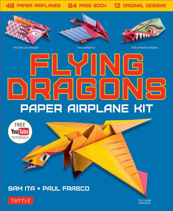 Flying Dragons Paper Airplane Kit featuring 12 unique dragon designs, vibrant colors, and detailed instructions. Includes 48 airplane sheets and a 64-page instructional book with free YouTube tutorials.