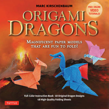 Cover of the Origami Dragons Kit by Tuttle featuring colorful origami dragon models. The kit includes a full-color instruction book and high-quality folding sheets for creating dragon designs.