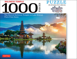 1000-piece jigsaw puzzle featuring the scenic Balinese Temple, also known as Pura Ulun Danu, situated on Lake Bratan. The vibrant image showcases the temple's unique architecture surrounded by lush greenery and serene waters, reflecting the beautiful sky with clouds and mountains in the background. This puzzle measures 29 x 20 inches and offers an enjoyable challenge for puzzle enthusiasts.