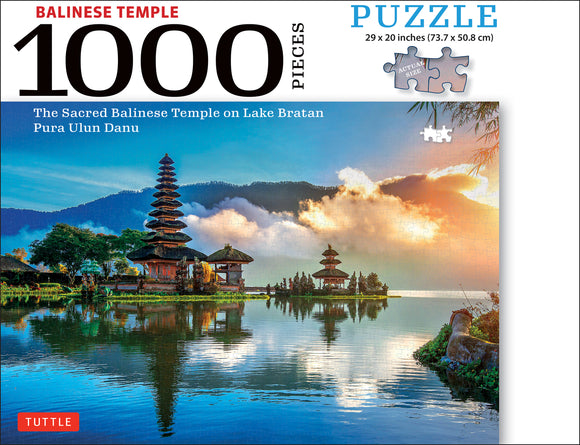 1000-piece jigsaw puzzle featuring the scenic Balinese Temple, also known as Pura Ulun Danu, situated on Lake Bratan. The vibrant image showcases the temple's unique architecture surrounded by lush greenery and serene waters, reflecting the beautiful sky with clouds and mountains in the background. This puzzle measures 29 x 20 inches and offers an enjoyable challenge for puzzle enthusiasts.