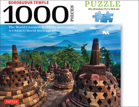 A vibrant jigsaw puzzle featuring the Borobudur Temple in Indonesia, the world's largest Buddhist monument, set in a lush green landscape with a mountain backdrop. The puzzle contains 1000 pieces and measures 29 x 20 inches, showcasing intricate stone stupas and serene scenery, perfect for enthusiasts and collectors.