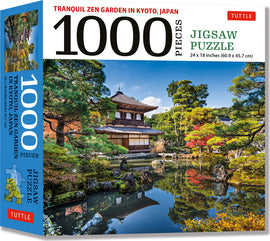 Tranquil Zen Garden in Kyoto jigsaw puzzle with 1000 pieces featuring a serene landscape. The image depicts a picturesque Japanese garden with lush greenery, a peaceful pond reflecting vibrant trees, and a traditional wooden structure against a clear blue sky. The puzzle size is 24 x 18 inches.