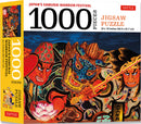A vibrant 1000-piece jigsaw puzzle depicting the Japan's Samurai Warrior Festival. The artwork features traditional samurai figures with colorful costumes and masks, set against a dramatic backdrop. The puzzle measures 24 x 18 inches, ideal for puzzle enthusiasts and cultural history lovers.