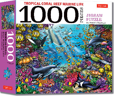 The box of the jigsaw puzzle titled 'Tropical Coral Reef Marine Life' featuring an intricate design of vibrant coral reefs, tropical fish, dolphins, and other marine life, with 1000 pieces for a fun and immersive puzzle experience. The packaging is colorful and eye-catching, ideal for puzzle enthusiasts.
