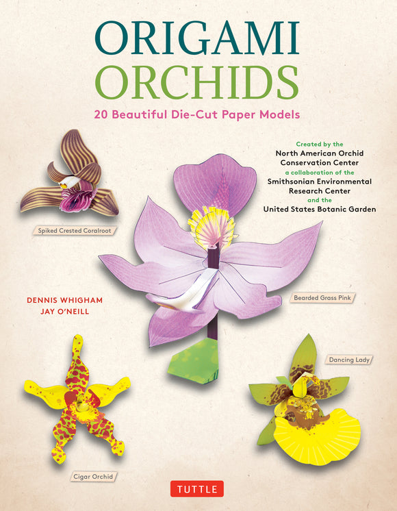 Origami Orchids Kit by Tuttle featuring 20 die-cut paper models of various orchids. Includes designs like Spiked Crested Coralroot, Bearded Grass Pink, Dancing Lady, and Cigar Orchid, showcasing vibrant colors and intricate details, perfect for DIY enthusiasts and nature lovers.