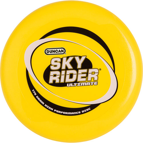 A vibrant yellow Ultimate Disc with a smooth surface, featuring the Duncan logo and the text 'Sky Rider Ultimate' prominently displayed. The disc is 175 grams, designed for high performance in various outdoor games, showcasing a sleek and aerodynamic design suitable for throwing and catching.