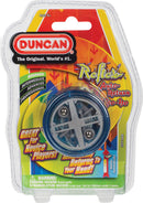 The Reflex Auto Return Yo-Yo from Duncan is displayed in its packaging, featuring a clear case that shows the blue and silver yo-yo inside. The packaging includes colorful graphics and text highlighting its suitability for beginner, intermediate, advanced, and professional players, along with warnings about small parts and usage for ages 6+. The yo-yo is designed for easy play, automatically returning to the hand for effortless enjoyment.