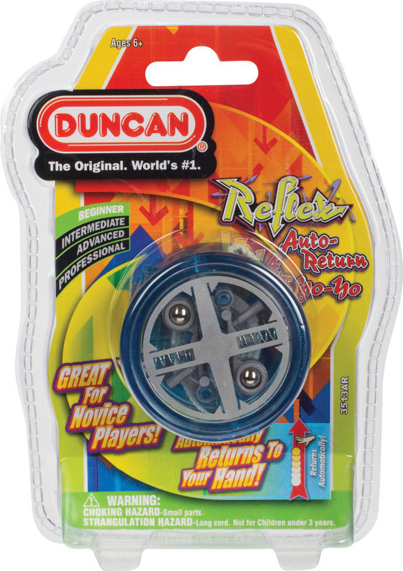 The Reflex Auto Return Yo-Yo from Duncan is displayed in its packaging, featuring a clear case that shows the blue and silver yo-yo inside. The packaging includes colorful graphics and text highlighting its suitability for beginner, intermediate, advanced, and professional players, along with warnings about small parts and usage for ages 6+. The yo-yo is designed for easy play, automatically returning to the hand for effortless enjoyment.