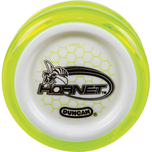 The Hornet Pro Looping Yo-Yo by Duncan features a vibrant yellow outer rim and a white center with a black hexagonal pattern and the Duncan logo. It is designed for easy looping tricks and has a durable construction suitable for both beginners and advanced players. The sleek design and bright colors make it visually appealing while maintaining functionality.