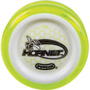 The Hornet Pro Looping Yo-Yo by Duncan features a vibrant yellow outer rim and a white center with a black hexagonal pattern and the Duncan logo. It is designed for easy looping tricks and has a durable construction suitable for both beginners and advanced players. The sleek design and bright colors make it visually appealing while maintaining functionality.