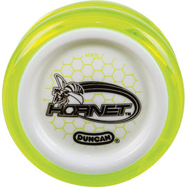 The Hornet Pro Looping Yo-Yo by Duncan features a vibrant yellow outer rim and a white center with a black hexagonal pattern and the Duncan logo. It is designed for easy looping tricks and has a durable construction suitable for both beginners and advanced players. The sleek design and bright colors make it visually appealing while maintaining functionality.