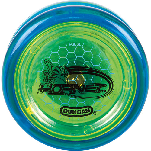 Duncan Hornet Pro Looping Yo-Yo featuring a vibrant dual-color design in blue and yellow. The top showcases a honeycomb pattern with the 'Hornet' logo prominently displayed, offering a fun and engaging toy for yo-yo enthusiasts.